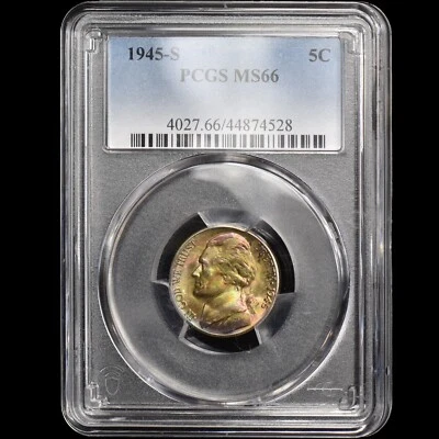 1945-S JEFFERSON WAR NICKEL ✪ PCGS MS-66 ✪ 5C RAINBOW TONING TONED 528 ◢TRUSTED◣ - Image 1 of 4