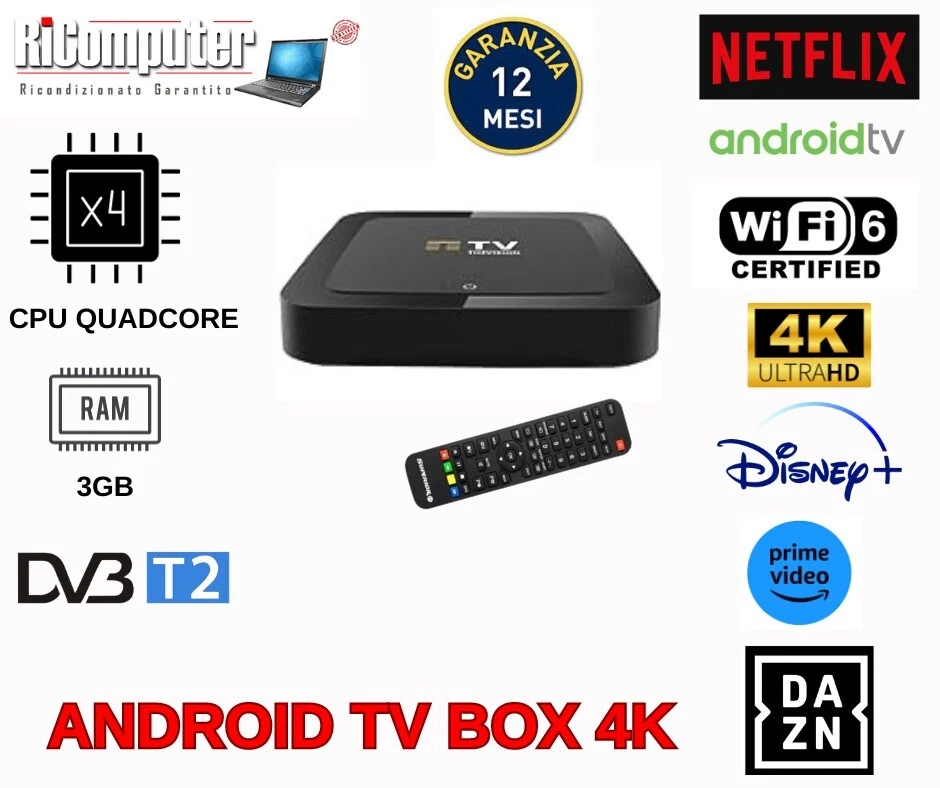 ANDROID TV BOX  decoder dvb T2 android 4k netflix WIFI - Immagine 1 di 1