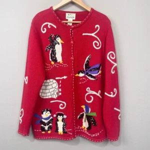 The Quacker Factory Penguin Winter Holiday Cardigan Sweater Size L Granny Glam - Picture 1 of 12