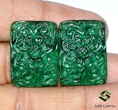 24x17 mm Emerald Color Nano Hand Made Carving Pair 42.04 CTS Loose Gemstones - Image 1 of 4