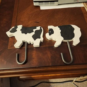 Black & White Kitchen Cow Pig Wood Wall Towel Hooks - Picture 1 of 3