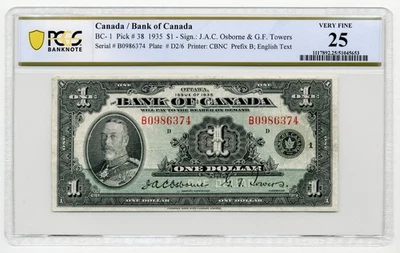 1935 $1 Bank of Canada, English Series B, BC-1 - Very Fine, PCGS VF25 - Image 1 of 2