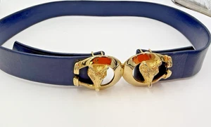 Vintage Gürtel Gay Boyer Fuchskopf Schnalle Haken dunkelblau Leder 28 Zoll verstellbar - Bild 1 von 6