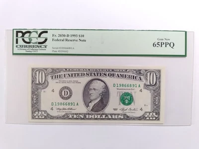 PCGS $10 Fr. 2030-D 1993 GEM NEW 65PPQ Fancy Serial Number BirthYear Note '1986' - Image 1 of 4