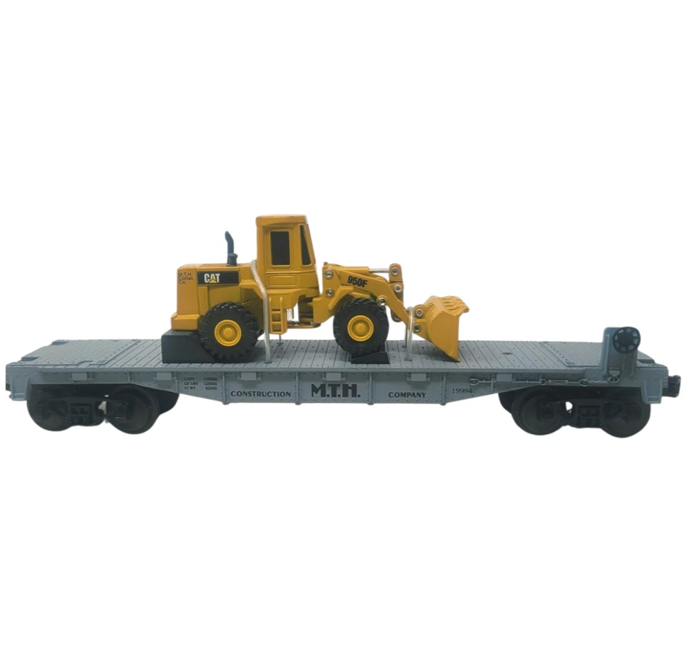 O Scale MTH Rail King Construction Flat Car w/ Ertl CAT Front End Loader 30-7619 - Image 1 of 4