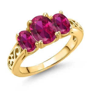 2.35 Ct Oval Red Created Ruby 18K Yellow Gold Plated Silver Ring - Picture 1 of 6