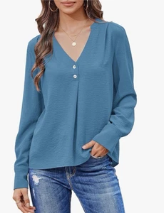 NEW Cnlinkco Women's M Blue Dressy Casual Blouse V Neck Long Sleeve Henley Loose - Picture 1 of 10