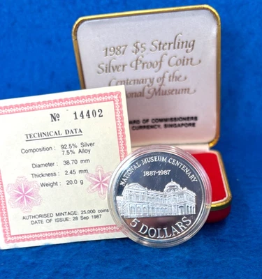 1987 $5 Singapore Sterling Silver Proof Coin Centenary Nat'l Museum w/Box + COA - Image 1 of 2