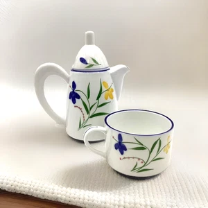 Lillian Vernon White with Blue & Yellow Flowers Stackable Porcelain Teapot NWOT - Picture 1 of 9