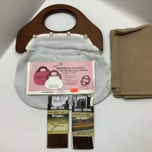 Vintage 4 Knopf Bermunda Tasche Handtasche Holzgriff mit Canvas-Einsatz plus Extras - Bild 1 von 8