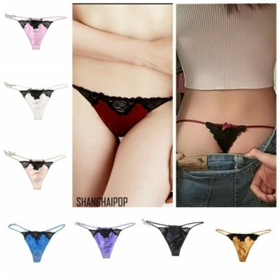 Lady Faux Silk Thong Briefs Satin Lace G-string Seamless Knicker Panty Extra Low - Image 1 of 4