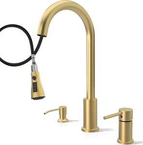 3 Hole Kitchen Faucet with Soap Dispenser, Gold Kitchen Faucet with Pull down Sp - Picture 1 of 12