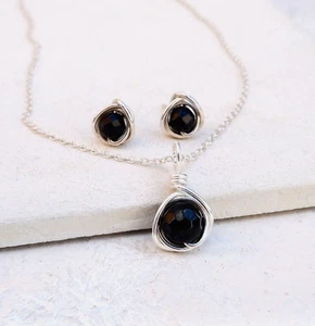 Black Onyx Necklace Earrings Set, Handmade Sterling Silver Gift Wrapped - Picture 1 of 5