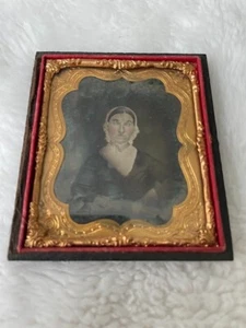 19. JH. AMERIKANISCHER ANTIKER GOLD VERGOLDETER RAHMEN PORTRAIT PURITANISCHE DAME 1/2 LEDER ETUI - Bild 1 von 2
