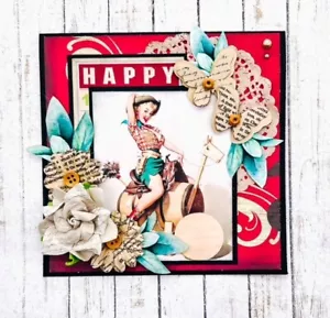 Handgefertigte HAPPY Pin-up Cowgirl zu Pferd Grußkarte zu jeder Gelegenheit - Bild 1 von 2
