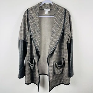 Joseph Ribkoff Size 14 Black Multi Colour Plaid Pleather Sleeve Jacket Pockets - Picture 1 of 11