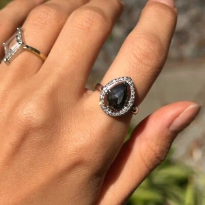 14KT White Gold Paul Klecka Pear Rose Cut Black + White Diamond Halo Ring - Picture 1 of 9