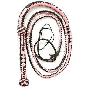 Indiana Jones Bullwhip Genuine Leather Pink&Black 8 Feet Long 12 Plait Bull Whip - Picture 1 of 3