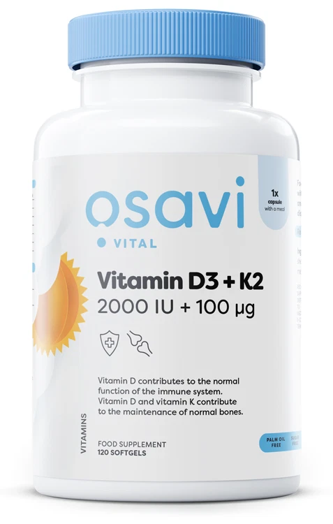 Osavi Vitamin D3 + K2, 2000IU + 100mcg, 120 softgels (Exp. 12/27)
