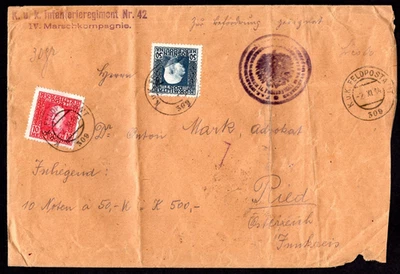 AUSTRIA 1914 WWI REGISTERED MILITARY FIELD POST OFFICE #309 WITH 5 NEAT WAX SEAL - Image 1 of 2