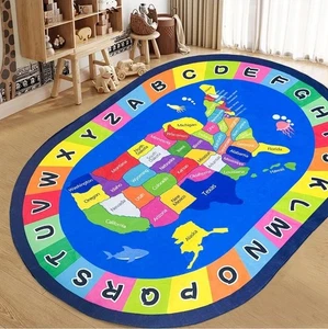 Kids Educational Alphabet Letter & USA Map Anti Skid Oval Area Rug, 6Ft x 9Ft - Picture 1 of 8