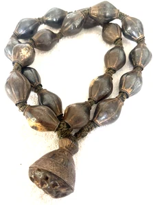 Vtg ANCIENT TIBET TEMPLE MONK ARTIFACT Metal Fob Prayer Beads 20" HUGE BEAD WORN - Picture 1 of 3