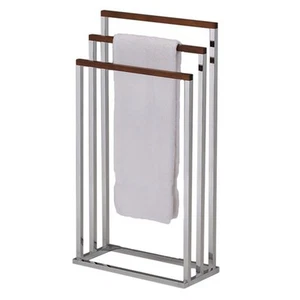 Chrome Metal/Walnut Wood Freestanding Towel Rack Stand White - Picture 1 of 5