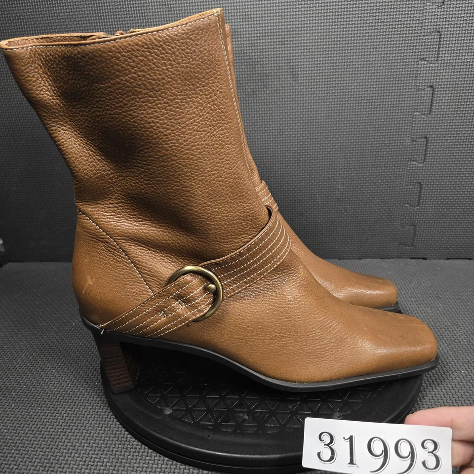 Botas Etienne Aigner Mujer Talla 11M Cuero Marrón Tacón al Tobillo Puntera Cuadrada Cremallera Foto 1 de 4