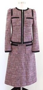 Kate Spade Tweed Puff Sleeve Blazer Jacket & Skirt Suit Set Size 00 Pink Black - Picture 1 of 11