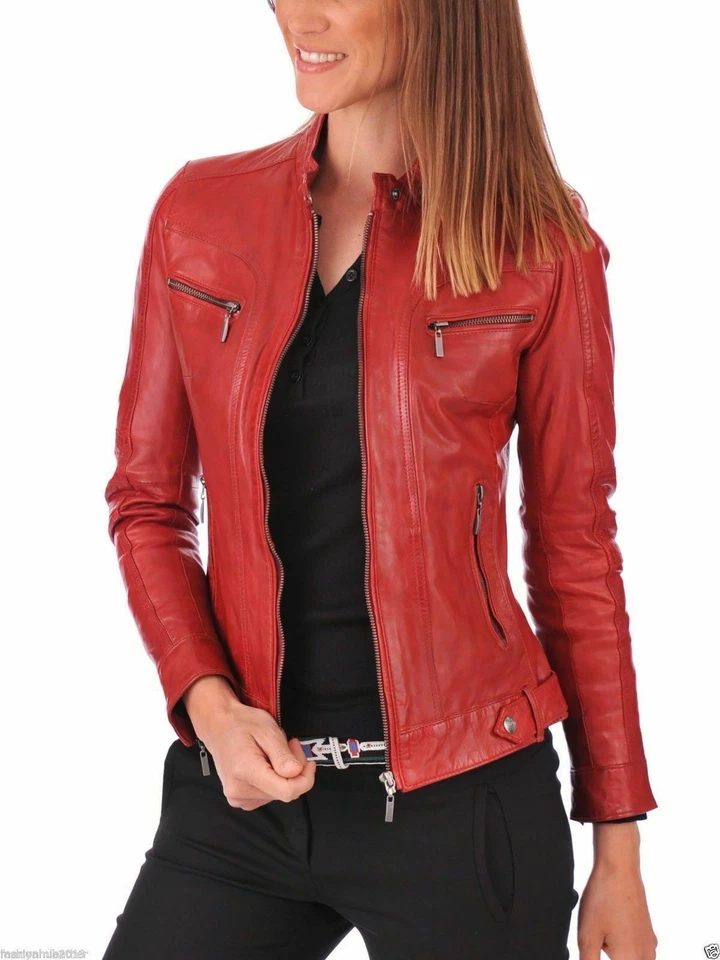 Chaqueta de cuero real suave de piel de cordero roja para mujer Chaqueta de motociclista ajustada Foto 1 de 4