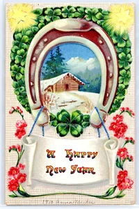 Postal antigua en relieve de vacaciones de Año Nuevo - herradura y flores (1910) - Imagen 1 de 2