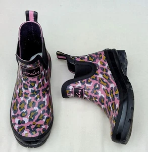 Joules Wellibob Pink Leopard Rain Boots Wellies Women Sz 7 w/o Left Fuzzy Liner - Picture 1 of 11