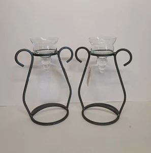 Set of LANTERN Candle Holders Iron Metal Brushed Nickel + 2 Glass Holders - Picture 1 of 4