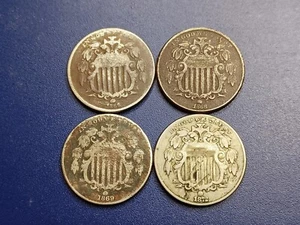Lot of (4)  U.S. Shield Nickels (1866 w/Rays, 1868, 1869, 1872) - Picture 1 of 2