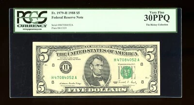 DBR 1988 $5 FRN St. Louis Fr. 1979-H PCGS 30 PPQ Serial H47084052A - Image 1 of 2