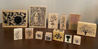 LOT OF 13 WOOD MOUNTED RUBBER STAMPS -Flowers, Trees Deco Scrapbook, Card Crafts