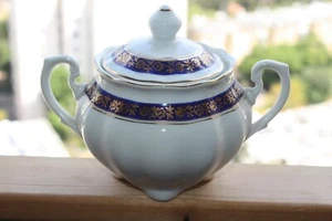 Old Cmielow Polish Porcelain Sugar Bowl Lidded 50's White with Cobalt & Gold - Picture 1 of 9