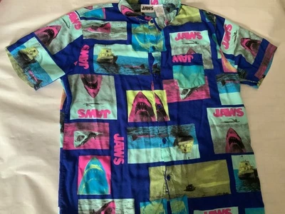 VintageJaws Shirt Mens Large Blue Multicolor Short Sleeve Button Up Movie Shark - Image 1 of 4