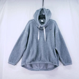 Nike Therma - Fit Woman Grey Fluffy Sherpa Fleece Pullover Hoodie Sweater Size L - Picture 1 of 21