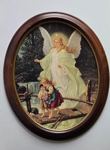 Vintage Schutzengel Kinder auf Brücke oval Holzrahmen religiös - Bild 1 von 6