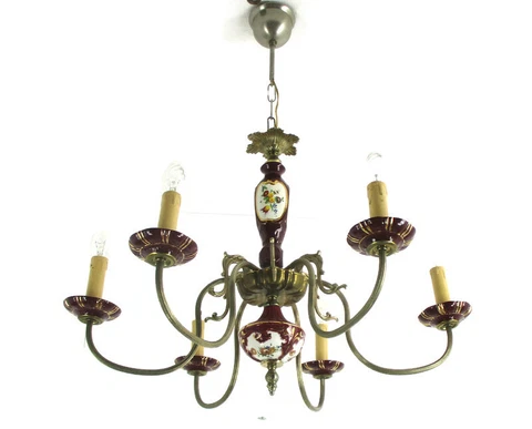 Chandelier 6 Arms Lights Ceramic Porcelain Ceramic Brass Italian Style Flowers Cover