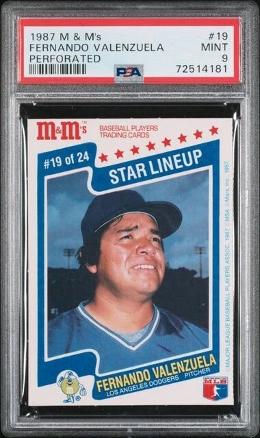 1987 M&M's Perforated #19 Fernando Valenzuela Dodgers graded PSA 9 Mint Pop. 6 - Image 1 of 1