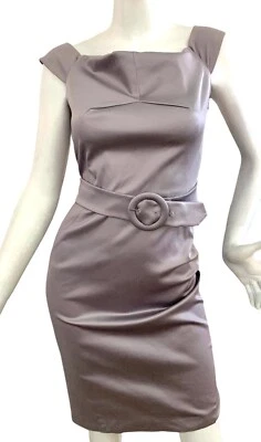 {MARCIANO} Dress Lavender Satin High Neck A-Line Stretch Belted Lined ~8 - Image 1 of 4