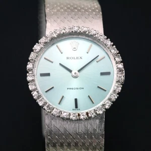 Vintage Rolex Precision 2649 Cal 1400 Women`s Diamond Bezel Ice Blue Dial Watch - Picture 1 of 14