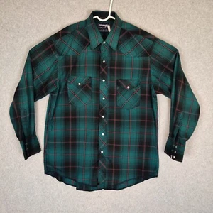 Wrangler Men Single Needle Snap Button Down 16.5-33 Plaid Green Cowboy Cut - Picture 1 of 9