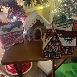 Vintage Vinyl Plastic Cross Stich Christmas Display / Village - Picture 1 of 1
