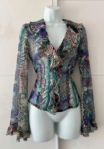 Kenzo 90’s Butterfly Print Ruffle Blouse Long Sleeve Top Small 8 10 Designer - Picture 1 of 13