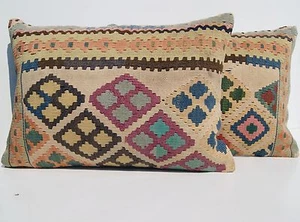 Kilim Funda Almohada Rectángulo Kashkai Alfombra Almohada 2 Amarillo Kilim Área Alfombra 20"X14" - Imagen 1 de 3