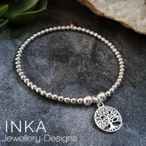 925 Sterling Silver Tree of Life Bracelet 925 Beaded Stretch Stacker By INKA - Picture 1 of 8