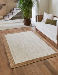 JUTE Rug in Rectangle Handmade Carpet Farmhouse Jute Area Rug White Beige - Picture 1 of 8